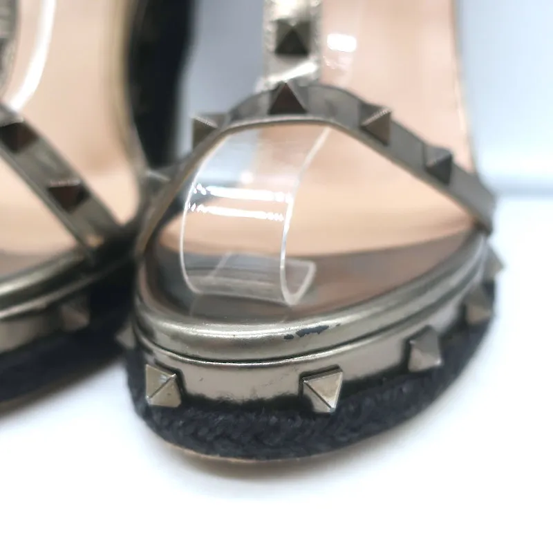 Valentino Rockstud Raffia-Trim Wedge Sandals Gunmetal Metallic Leather Size 35