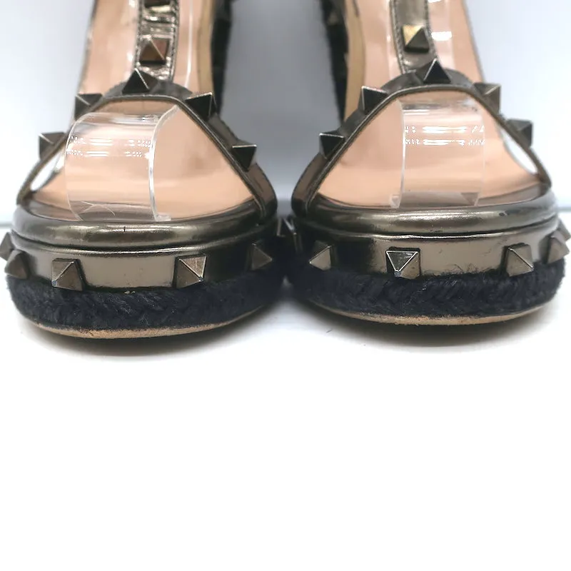 Valentino Rockstud Raffia-Trim Wedge Sandals Gunmetal Metallic Leather Size 35