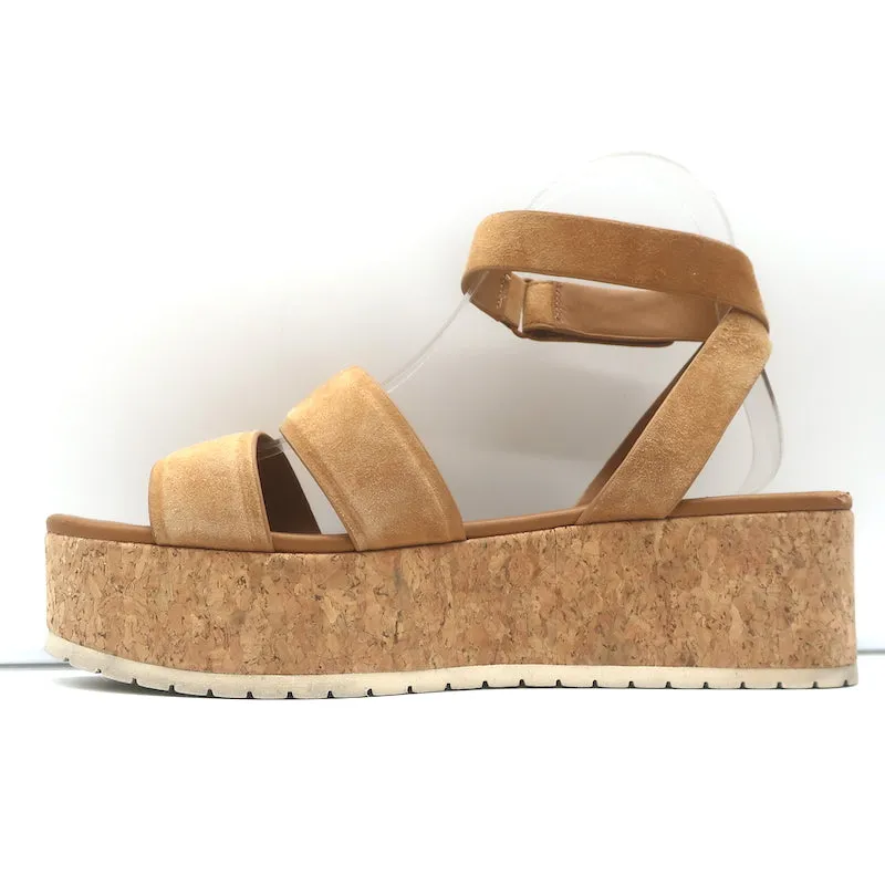 Vince Jet Cork Wedge Platform Sandals Tan Suede Size 8