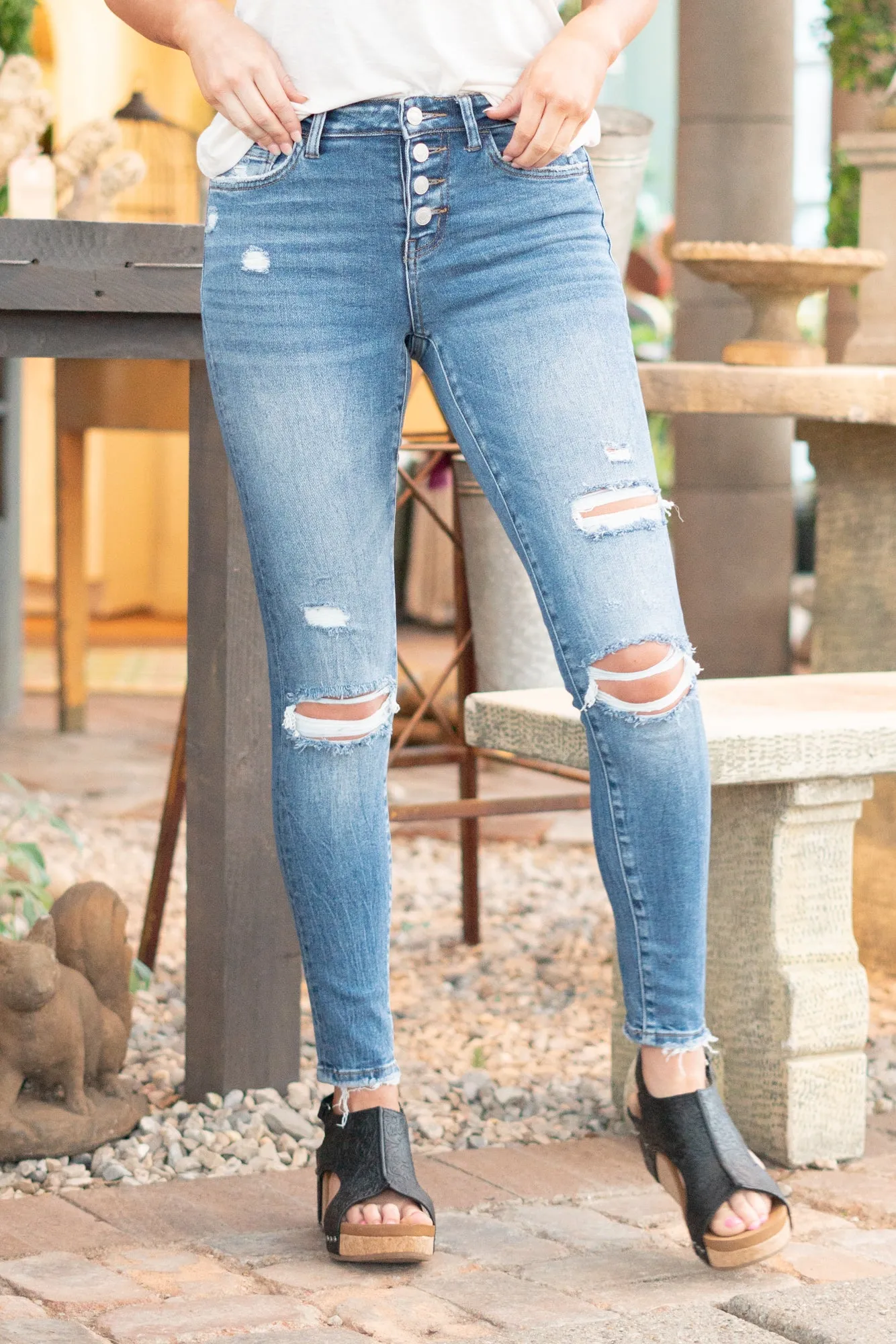 Wave Mid Rise Button Fly Skinny