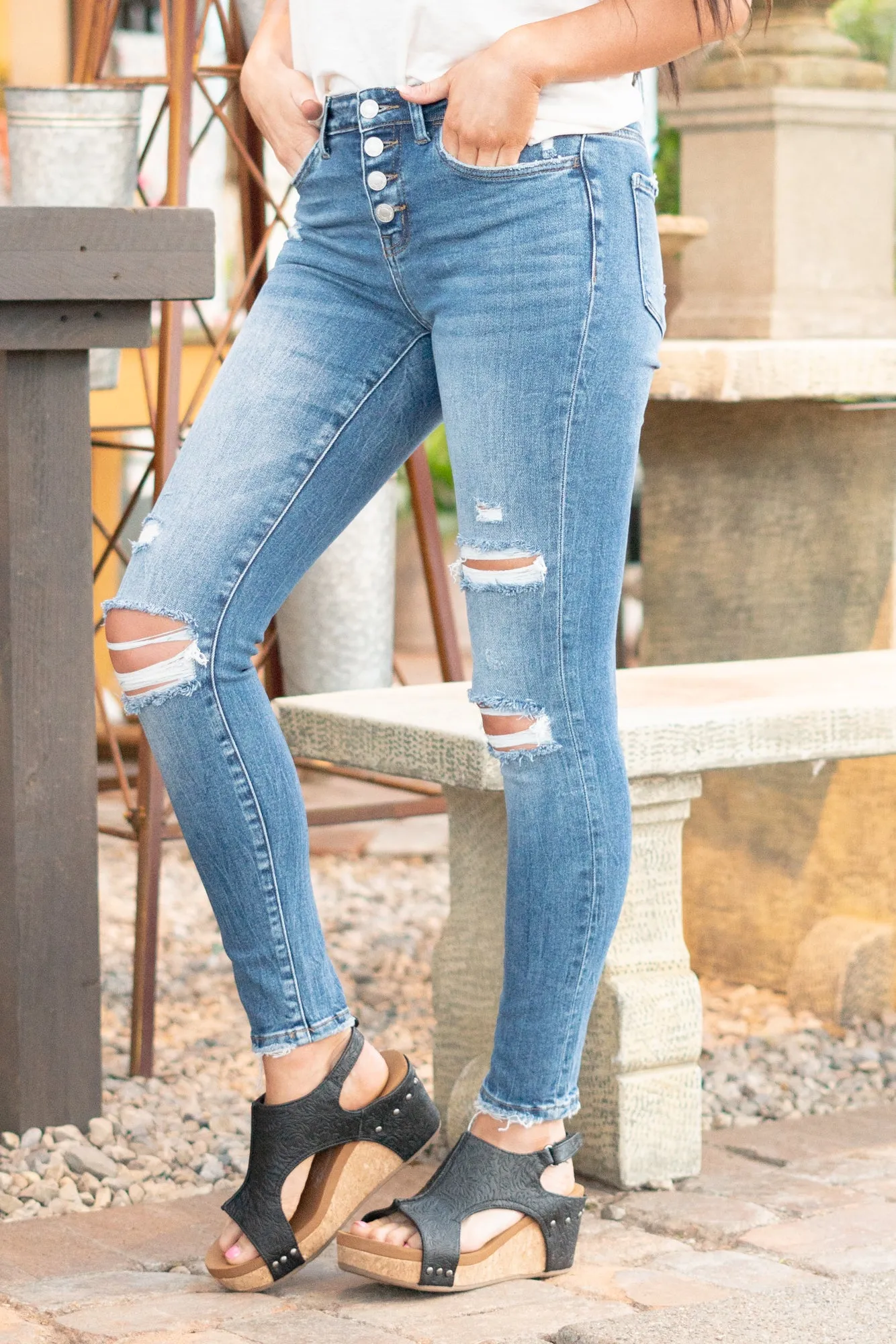 Wave Mid Rise Button Fly Skinny