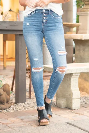 Wave Mid Rise Button Fly Skinny