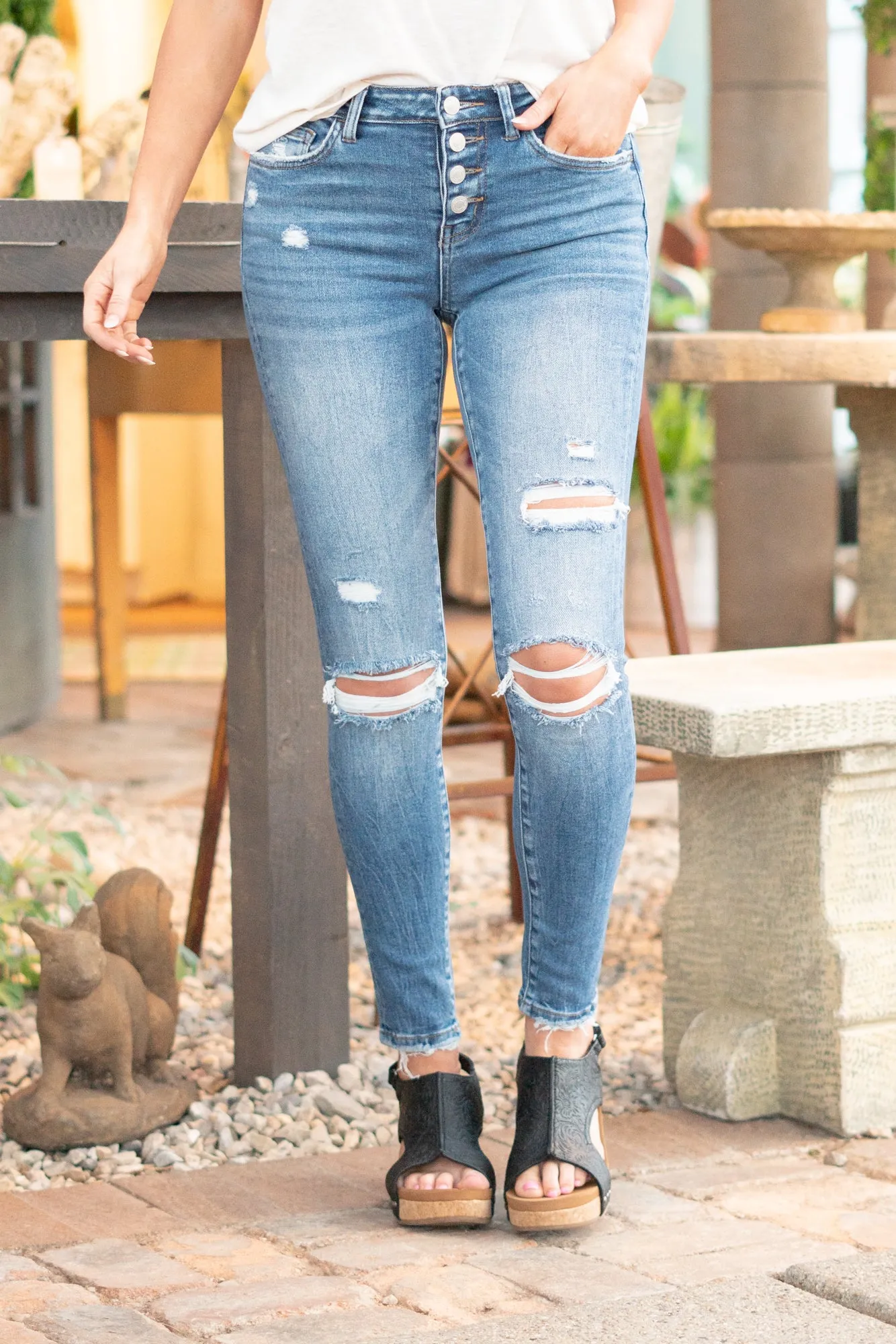 Wave Mid Rise Button Fly Skinny