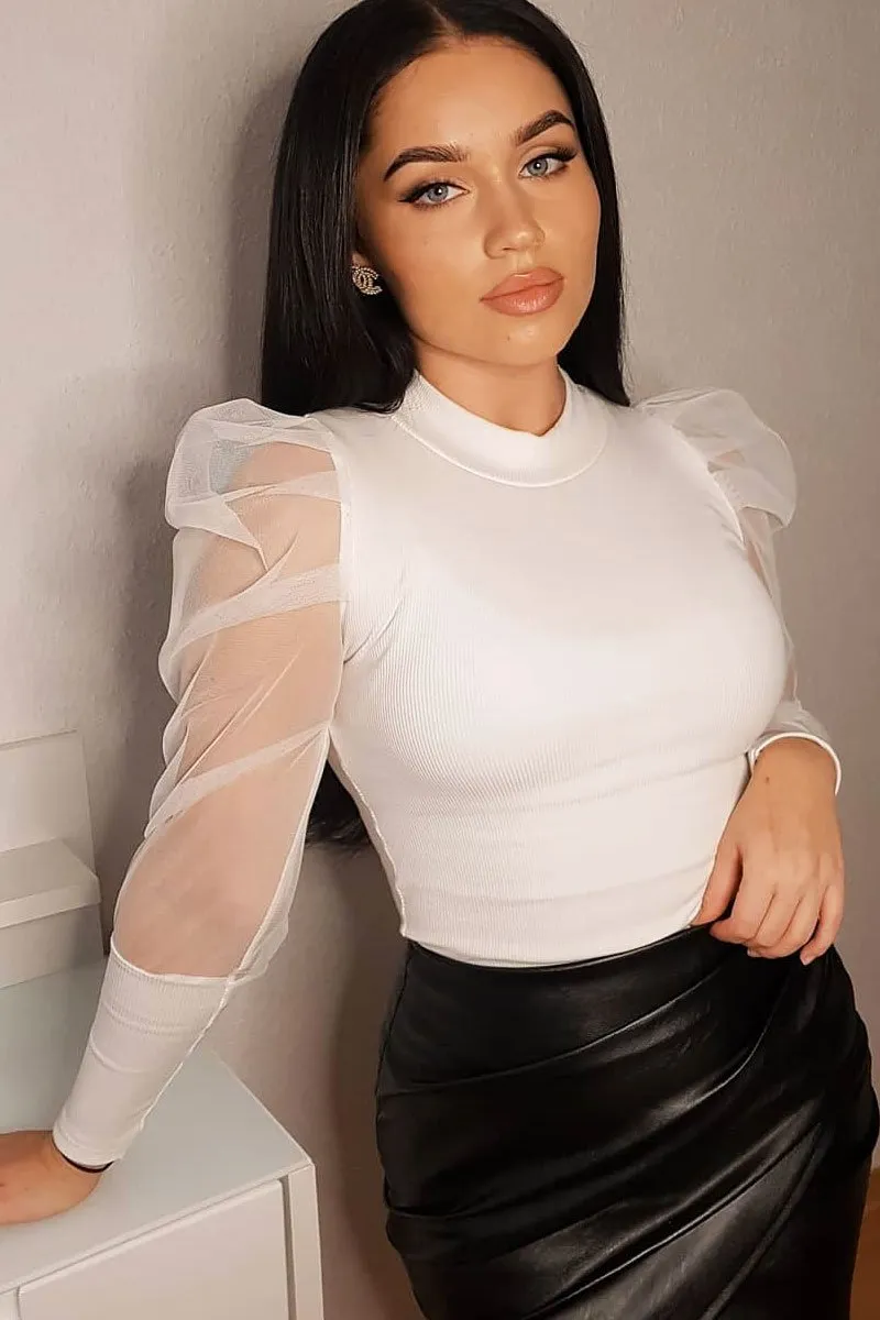 White Net Puff Sleeve Ribbed Top - Aarvi