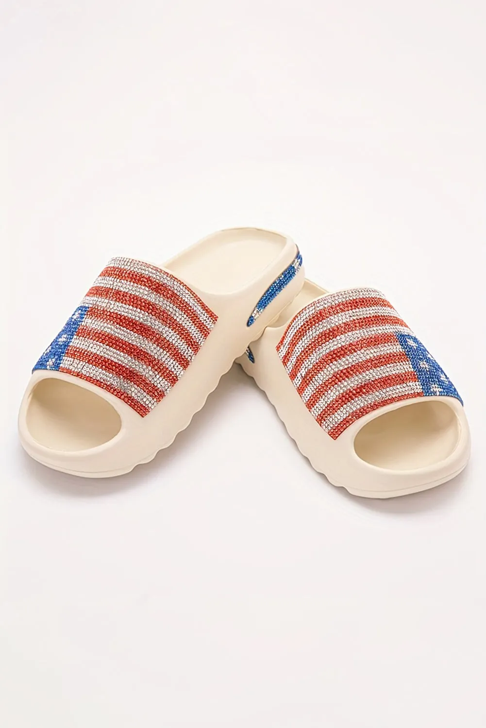 White Rhinestone American Flag Thick Sole Slippers