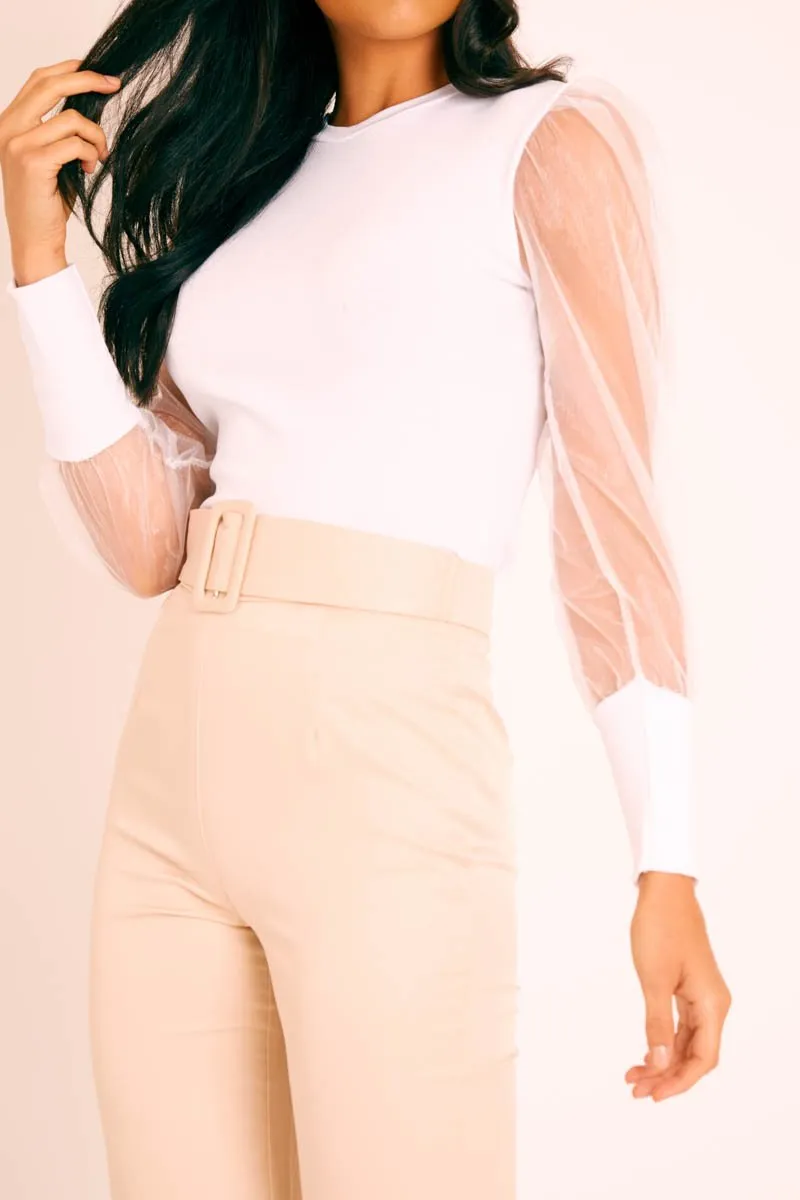 White Ribbed Mesh Long Sleeve Top - Sonaya