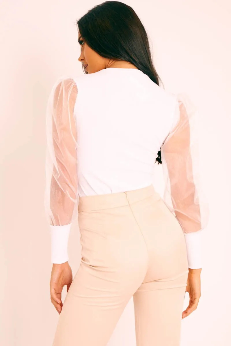 White Ribbed Mesh Long Sleeve Top - Sonaya