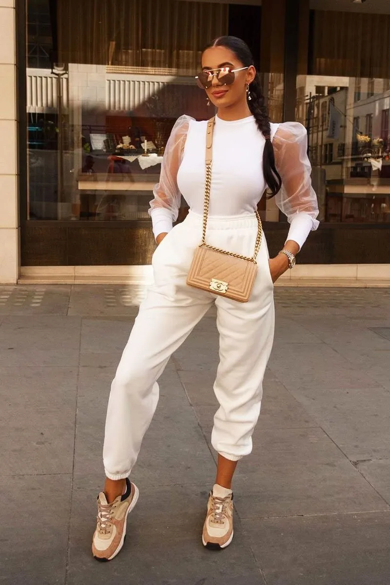 White Ribbed Mesh Long Sleeve Top - Sonaya