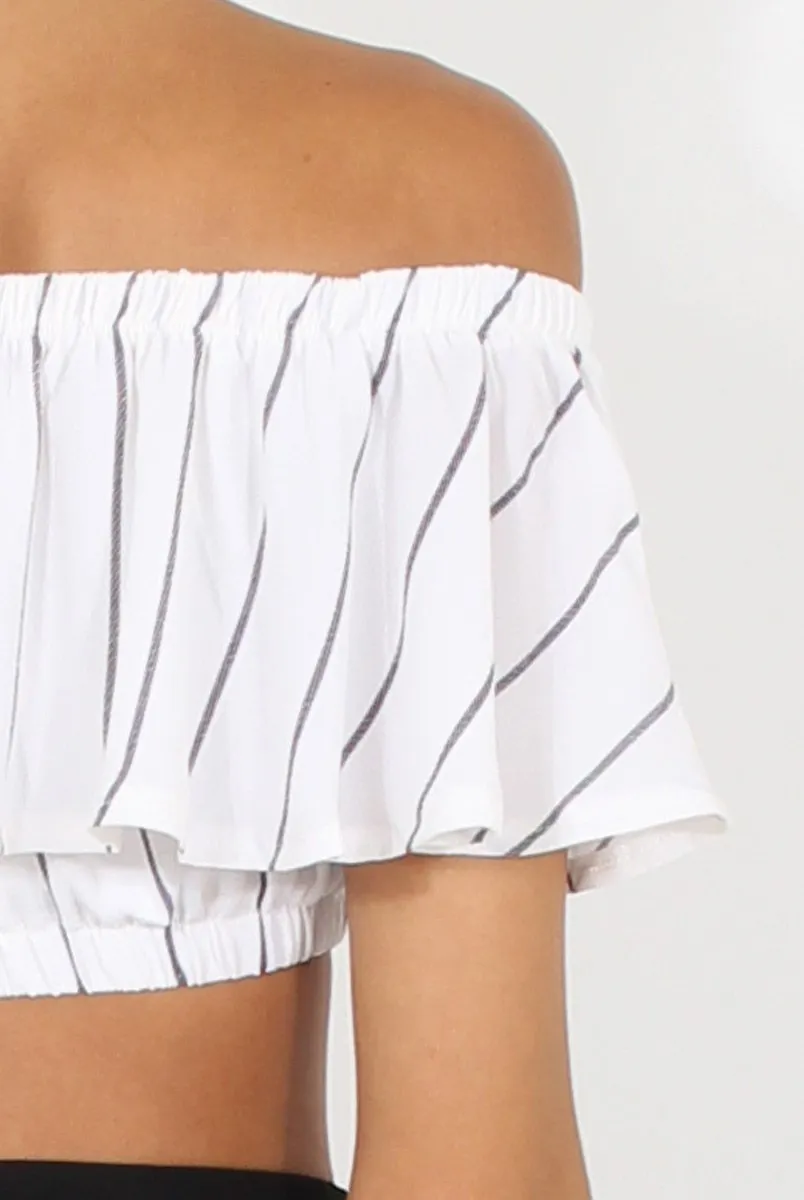 White Stripe Bardot Crop Top - Ciara